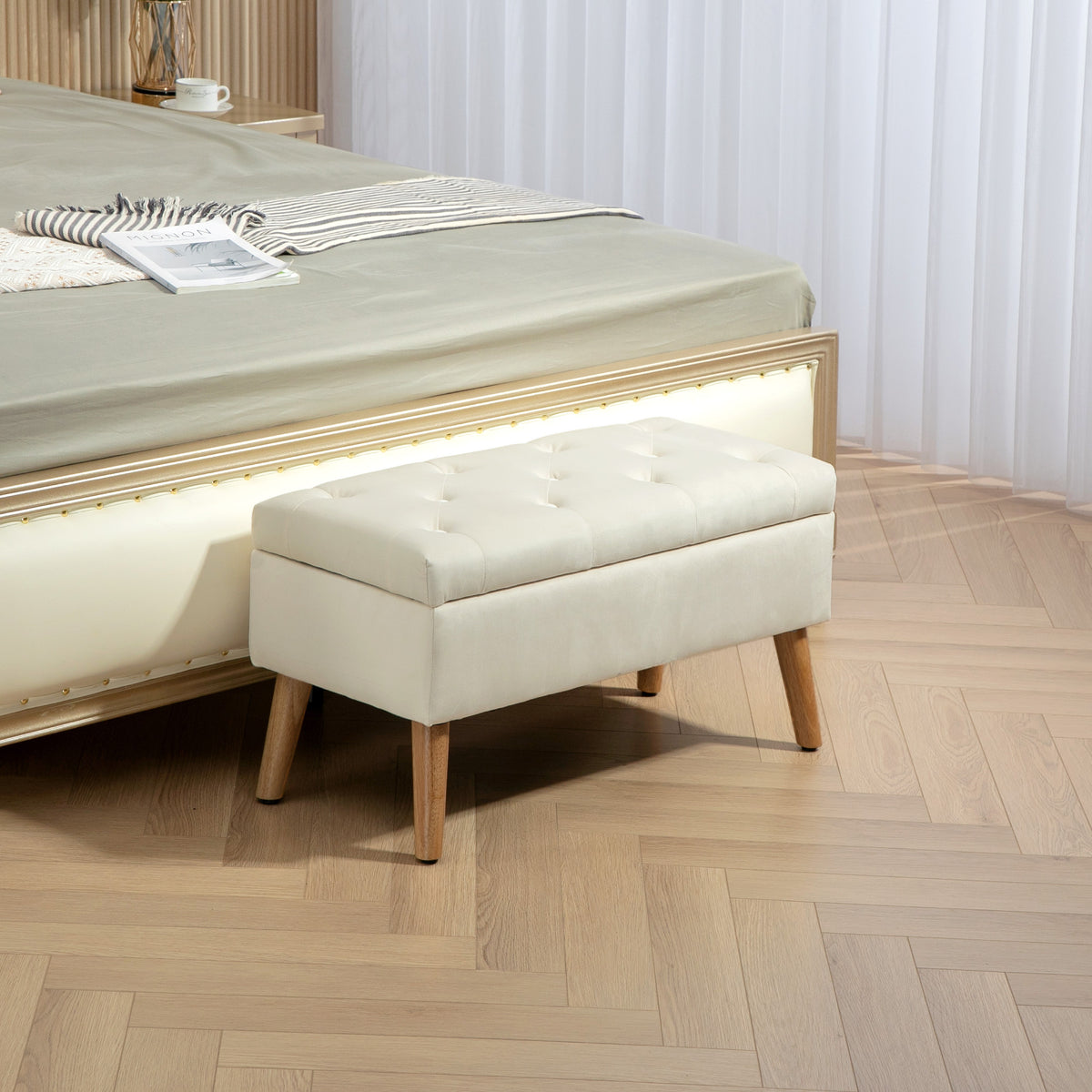 Banc de rangement effet velours, pieds en bois charge max. 120 kg 80 x 35 x 42 cm, crème