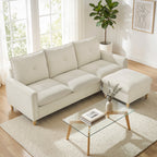Canapé 3 places avec pouf de rangement, modulable 210 cm, tissu aspect lin, crème