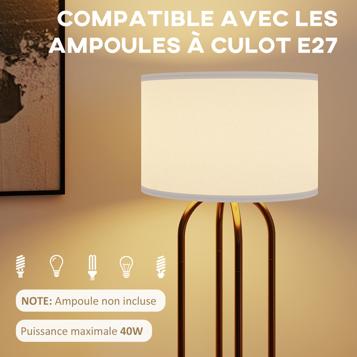 Lampadaire / lampe sur pied avec abat-jour en lin et interrupteur à pied, Ø 38 x 161 cm, doré et beige