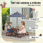 Ensemble salon de jardin enfant avec coussins et parasol amovible, rayé bleu marine et blanc