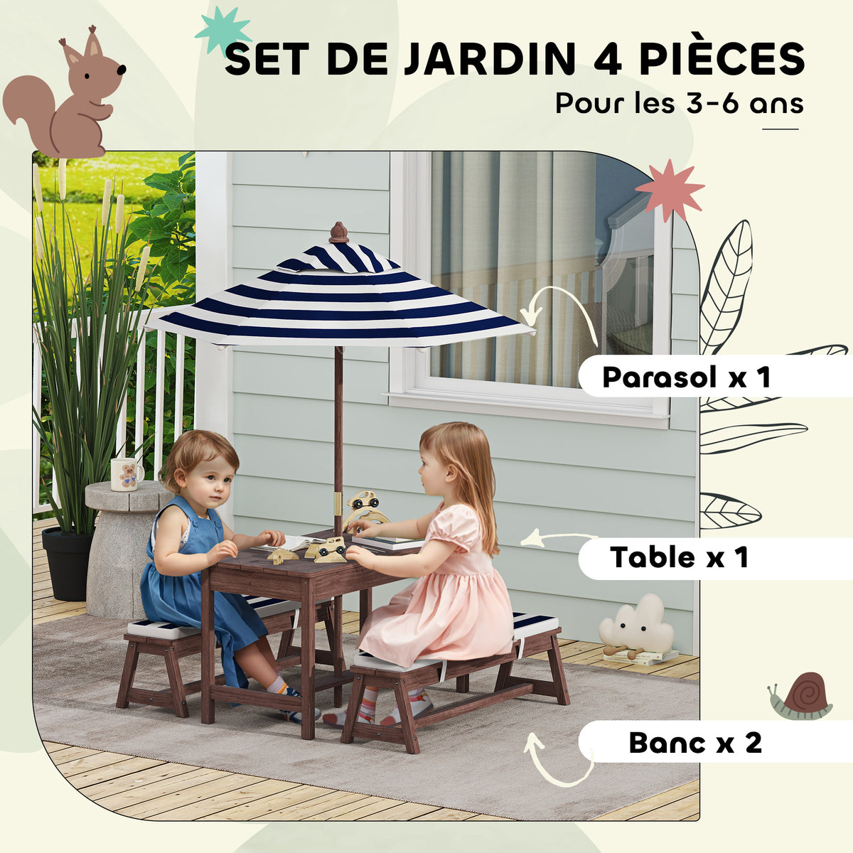 Ensemble salon de jardin enfant avec coussins et parasol amovible, rayé bleu marine et blanc