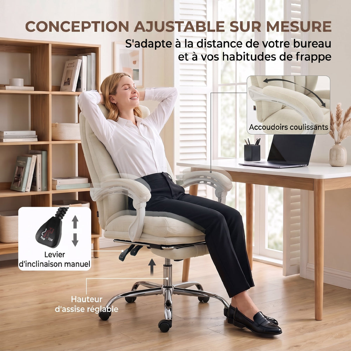 Chaise Bureau Ergonomique, Inclinable, Repose-Pieds, Crème