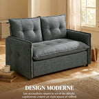 Canapé 2 places, 131 cm avec assise rembourrée, coussins à ressorts, tissu en lin, gris foncé