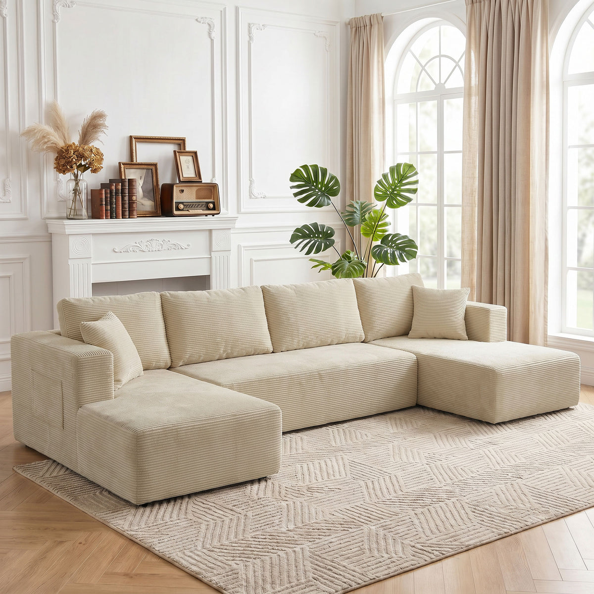 Canapé Modulaire en U Compressé 337 cm, 4 places en Velours Côtelé, Crème