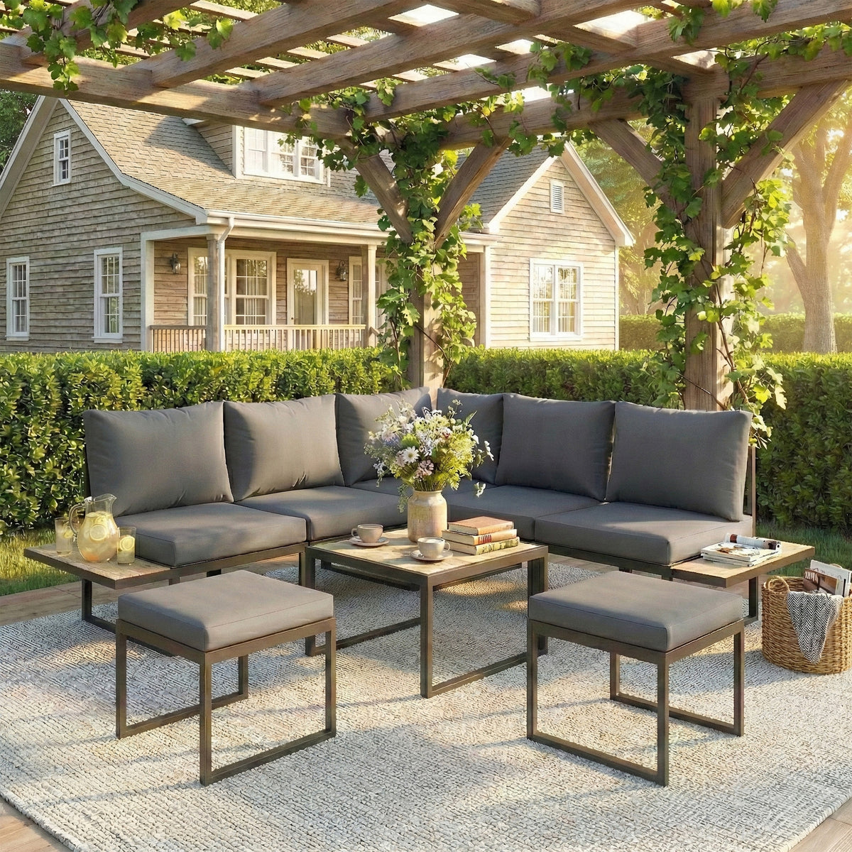 Salon de jardin extérieur 6 personnes modulable, coussins épais 10cm gris
