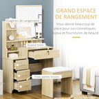 coiffeuse table de maquillage, tabouret rembourré, grand miroir, plusieurs étagères ouvertes, 4 tiroirs bois naturel