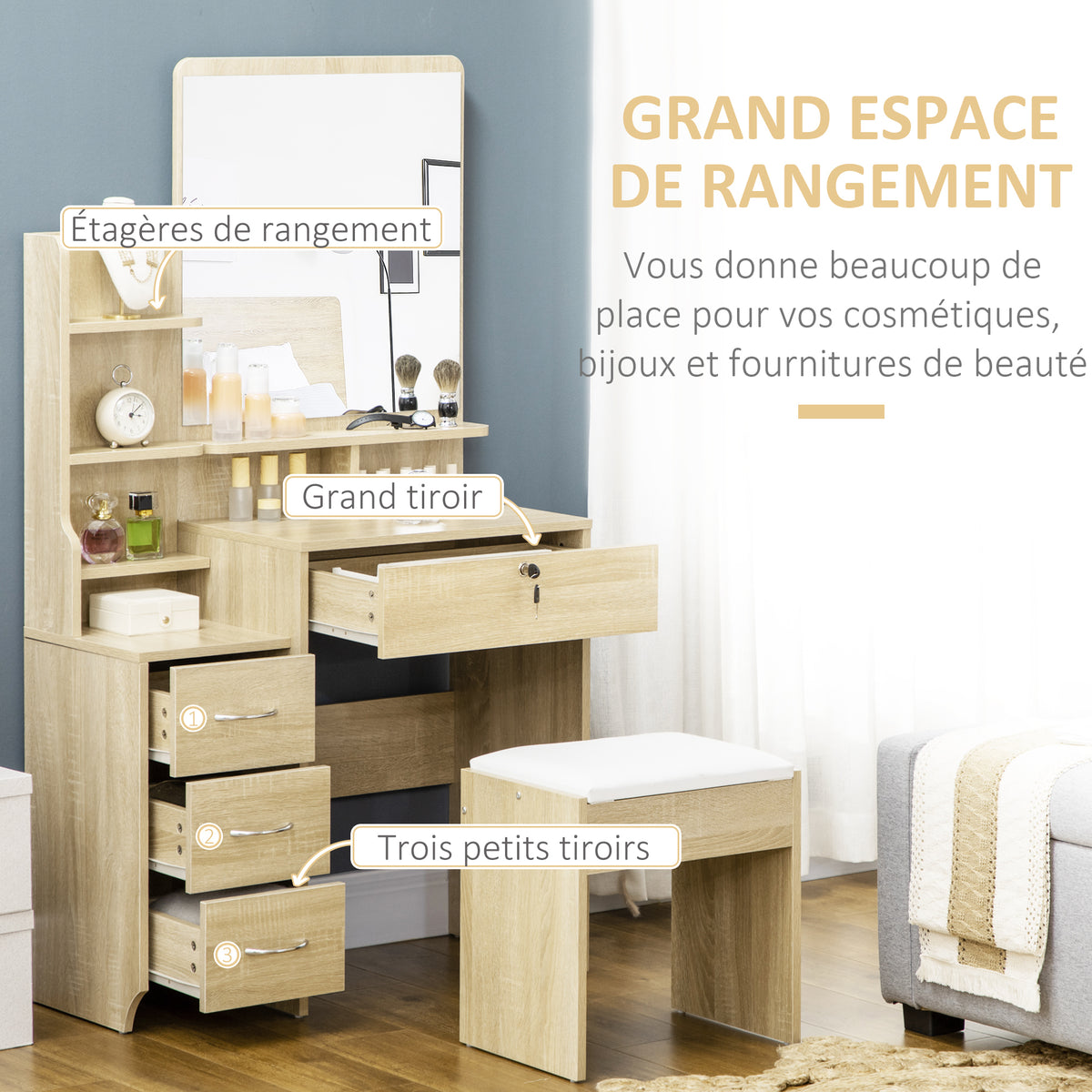 coiffeuse table de maquillage, tabouret rembourré, grand miroir, plusieurs étagères ouvertes, 4 tiroirs bois naturel