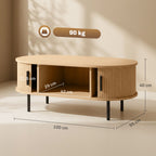 Table basse ovale en bois, portes coulissantes et rangement caché, 100x55x40cm, bois naturel