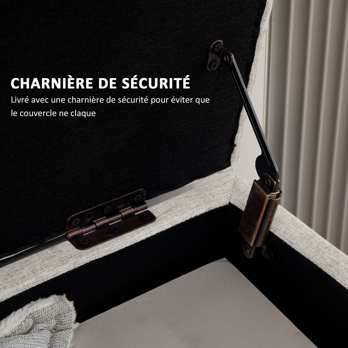 Banc/ coffre rangement rembourré aspect lin, charge 220 Kg, 110 x 39 x 45 cm, beige