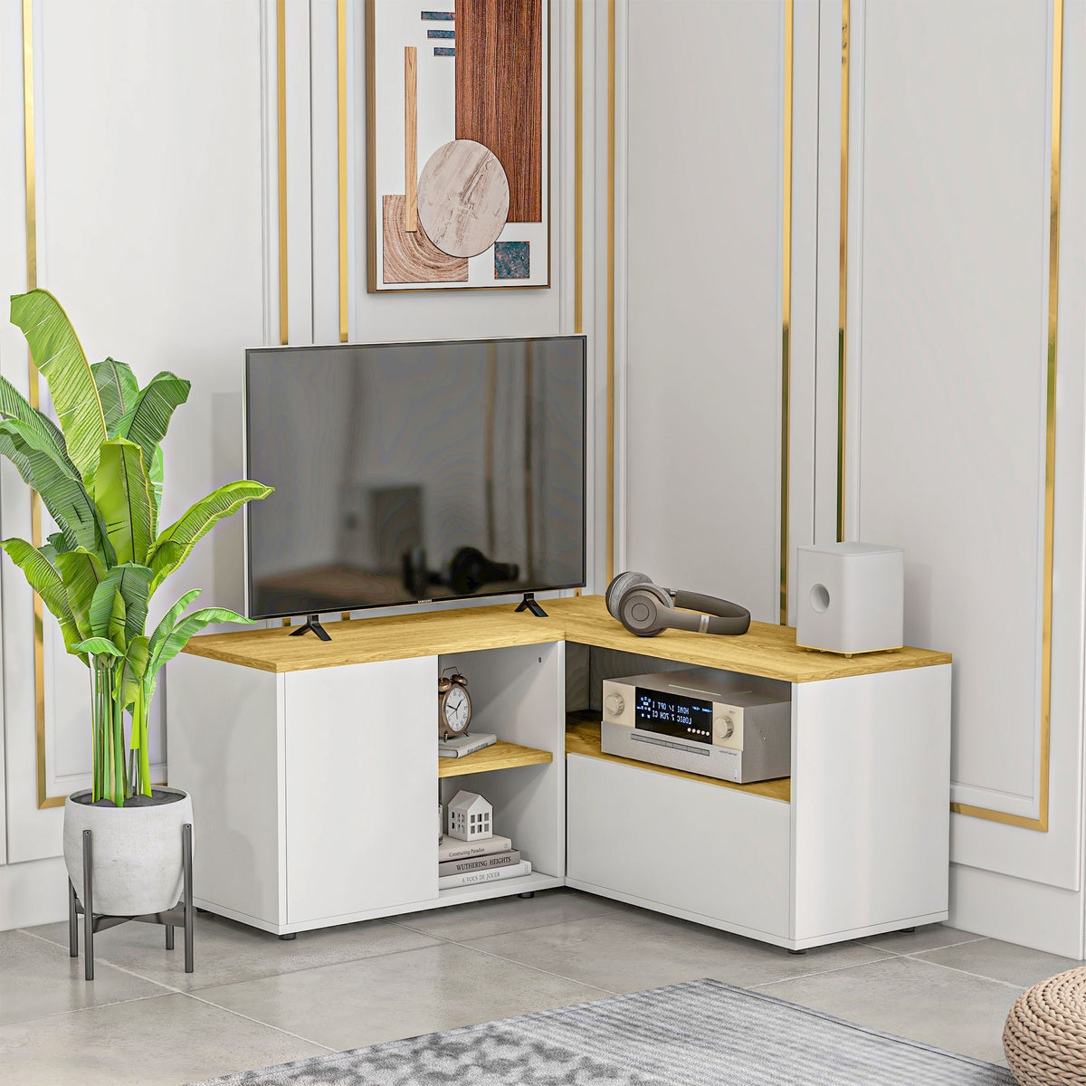 Meuble TV d'angle, jusqu'à 40 pouces avec rangements aspect bois clair et blanc