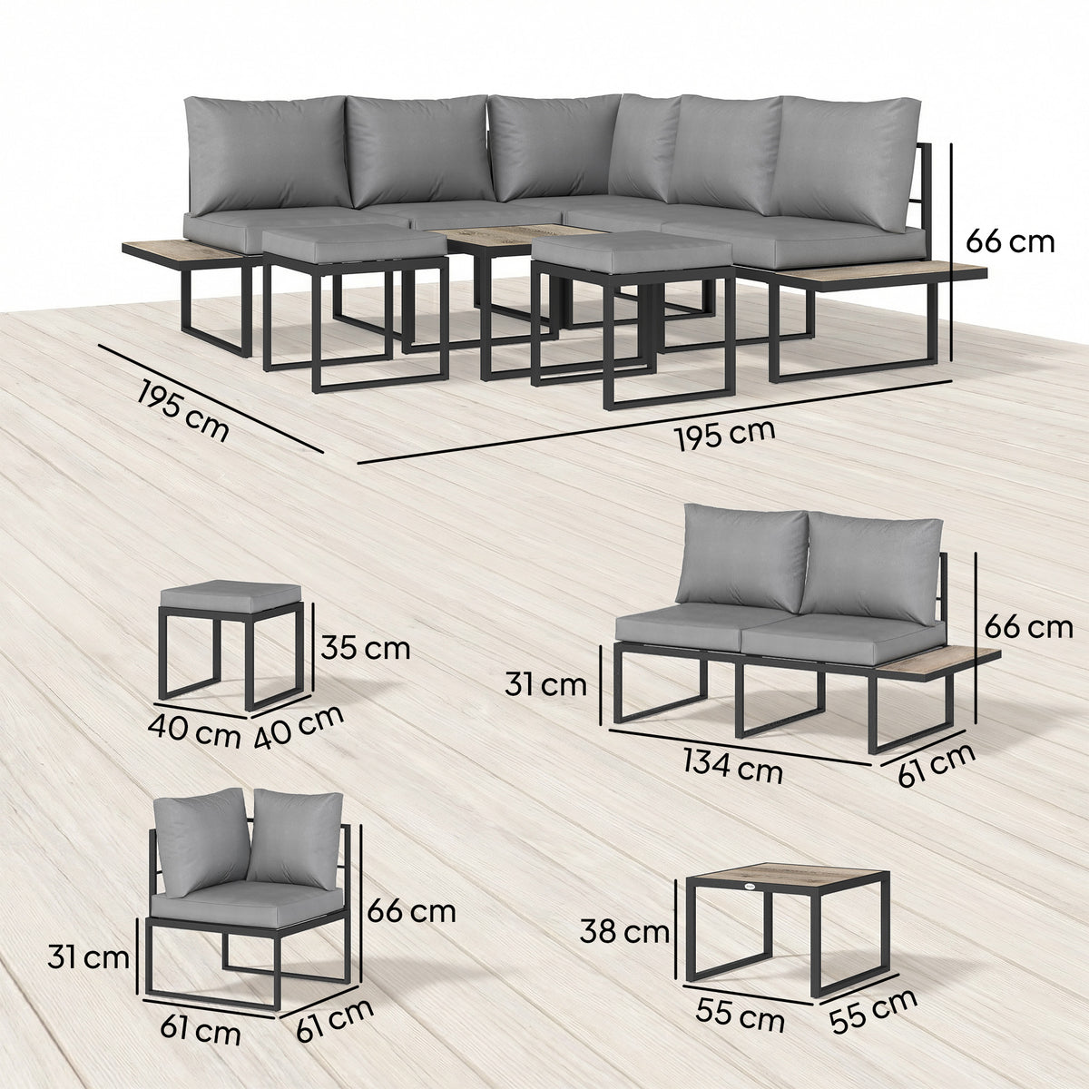 Salon de jardin extérieur 6 personnes modulable, coussins épais 10cm gris