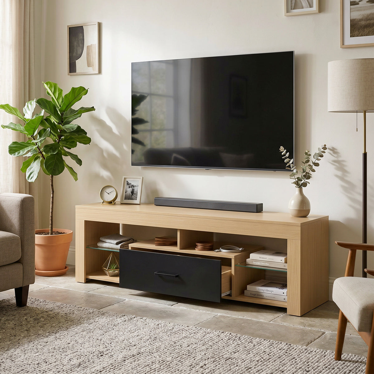 Meuble TV 140 cm, 65 Pouces avec Étagères en Verre Réglables, Tiroir et Compartiments Ouverts, Chêne