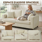 Canapé 2 Places en Velours, 170 cm, Coussin à Ressorts, Crème