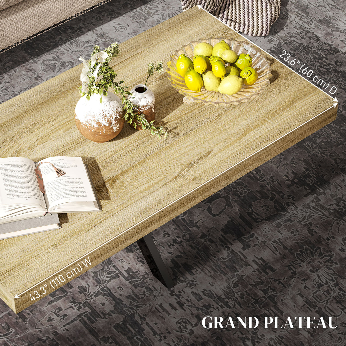 Table Basse rectangulaire en métal Noir et Plateau aspect Bois - dim. 110 x 60 x 45cm