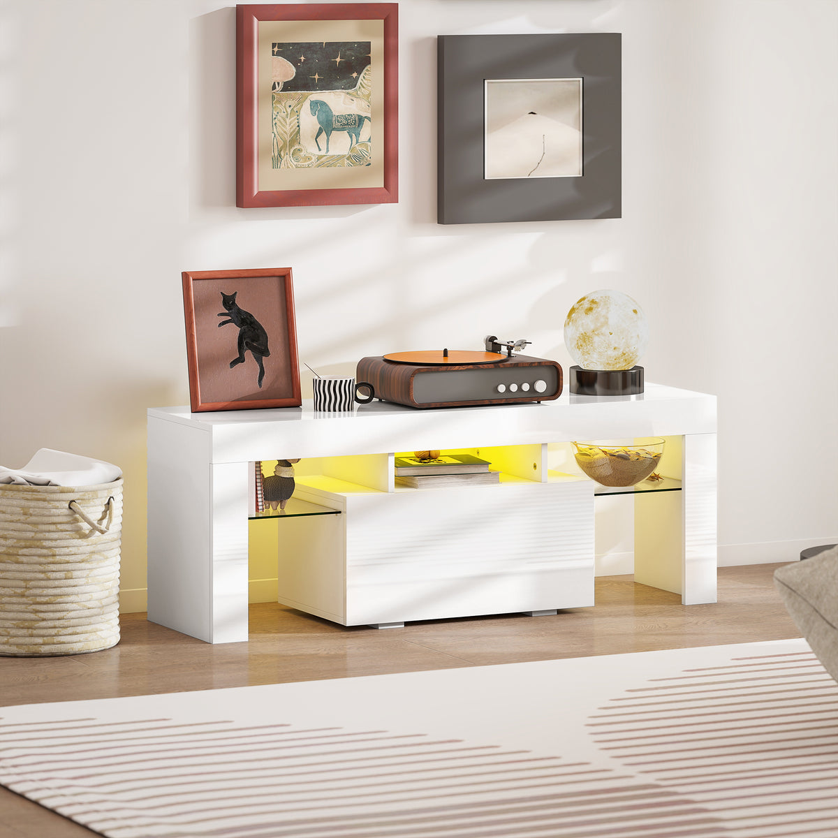 Meuble TV, éclairage LED, étagères en verre trempé, 120x34x45cm, blanc