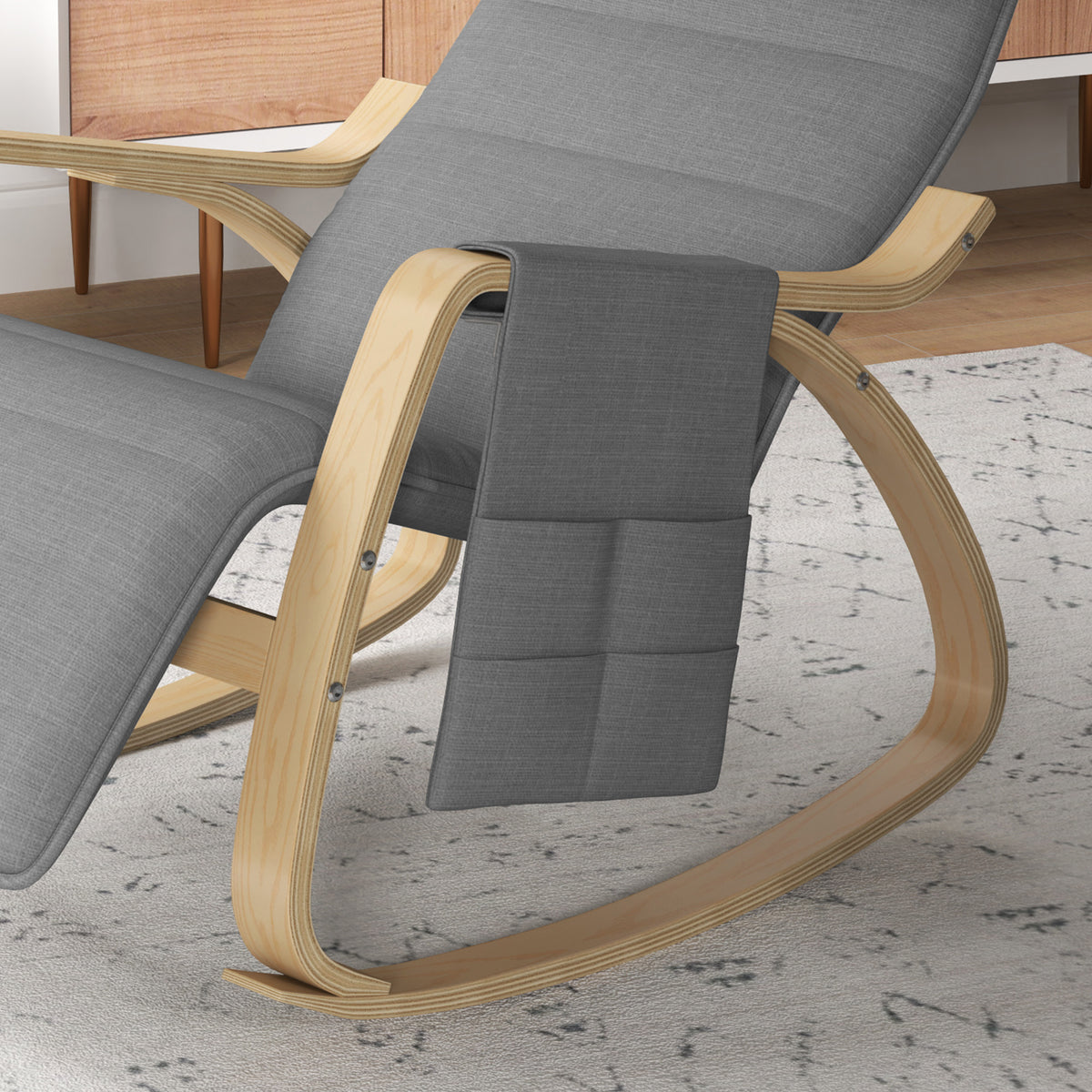Fauteuil à bascule avec repose-pieds réglable, poche latérale, gris