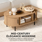 Table basse ovale en bois, portes coulissantes et rangement caché, 100x55x40cm, bois naturel