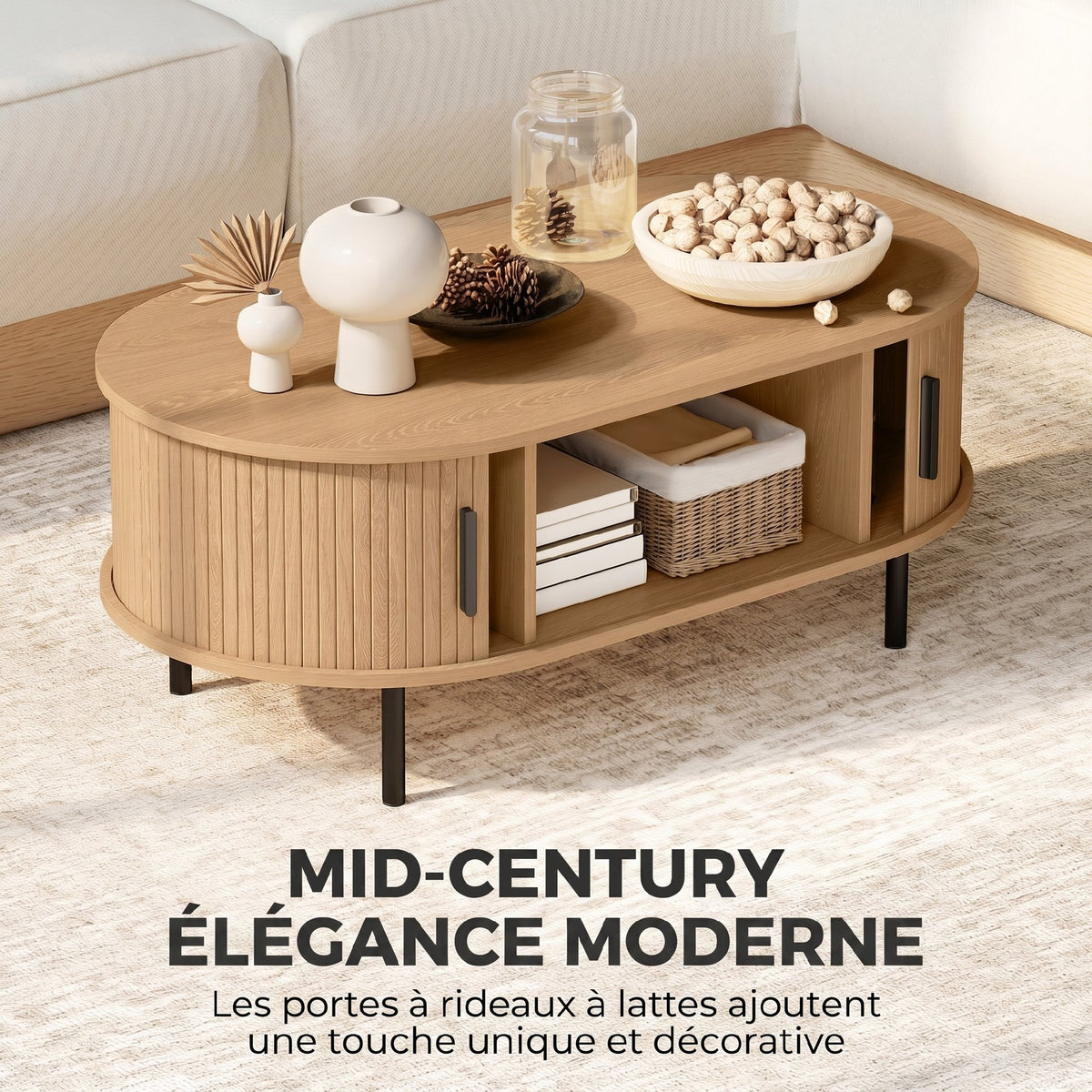 Table basse ovale en bois, portes coulissantes et rangement caché, 100x55x40cm, bois naturel