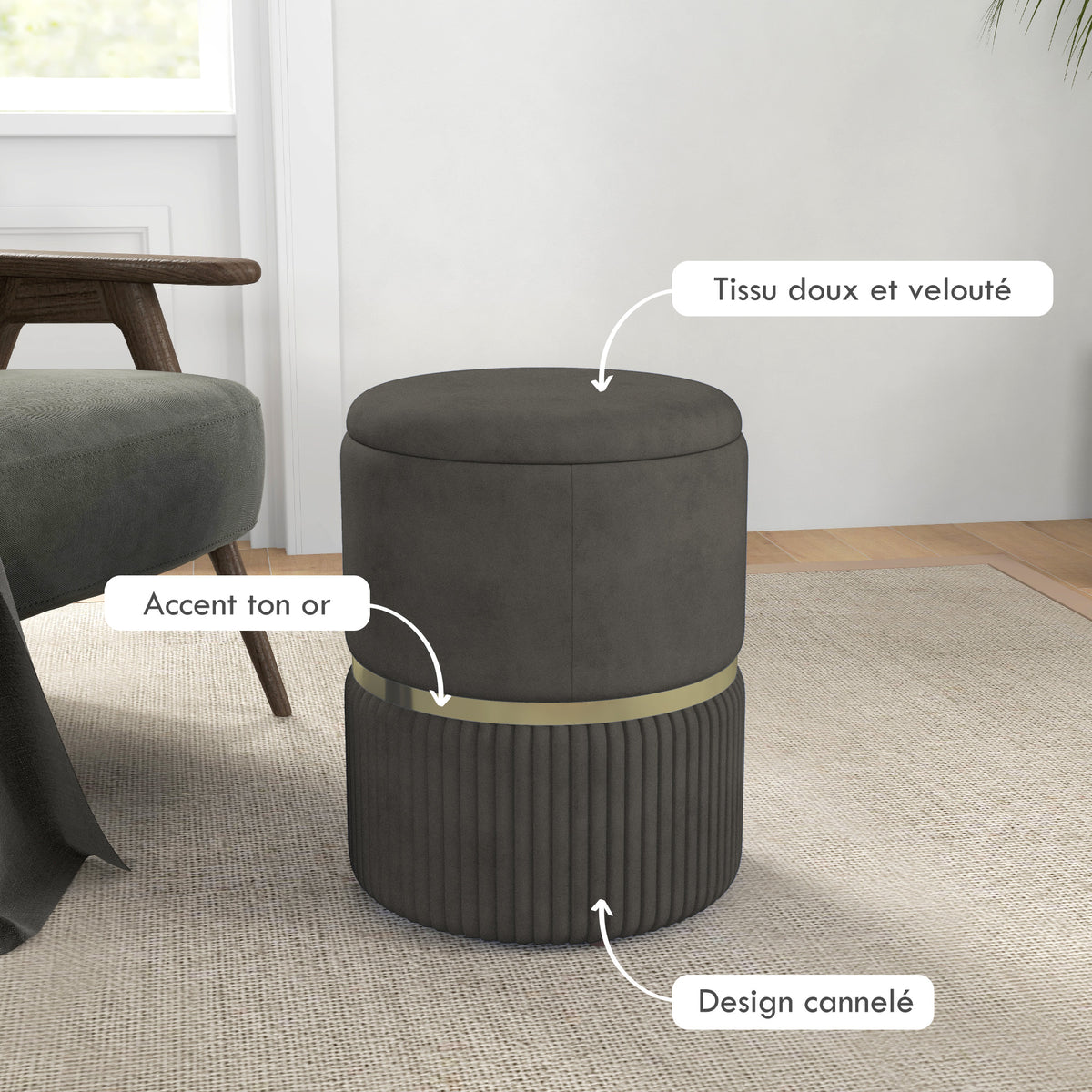 Pouf tabouret repose-pied coffre de rangement en velours 36 x 36 x 44 cm gris