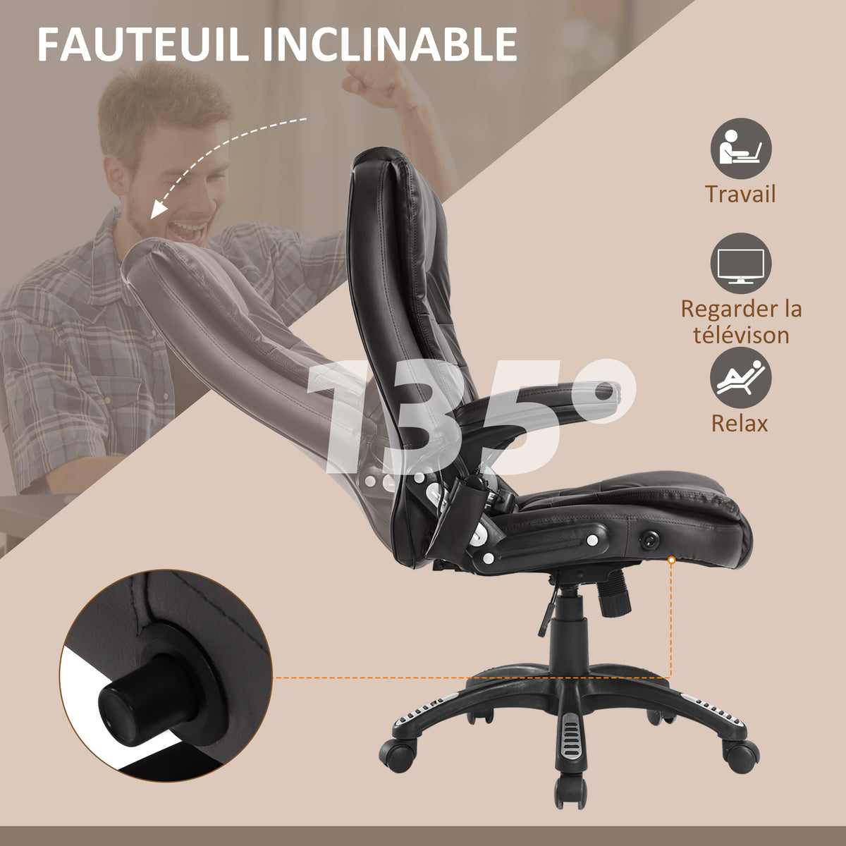 Fauteuil de bureau massant et chauffant électrique, noir