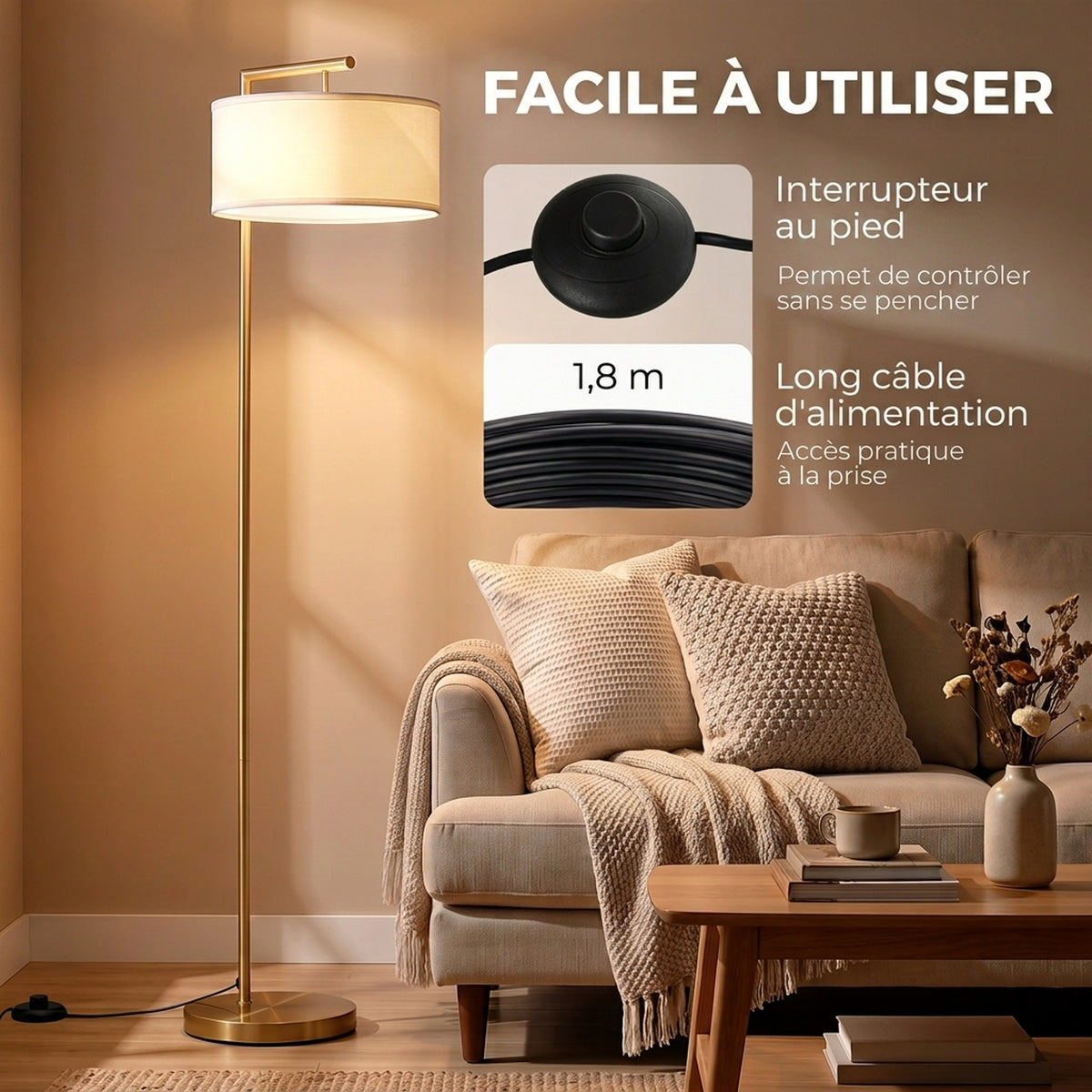 Lampadaire / lampe à pied, abat-jour en tissu de lin, or et blanc
