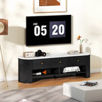 Meuble TV 140 cm, 65 pouces effet marbre avec 3 tiroirs façades à cannelures 2 étagères noir