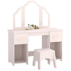 Coiffeuse pour Enfants avec Tabouret, Miroir à Trois Volets en Acrylique, 2 Tiroirs et 2 Placards, Rose