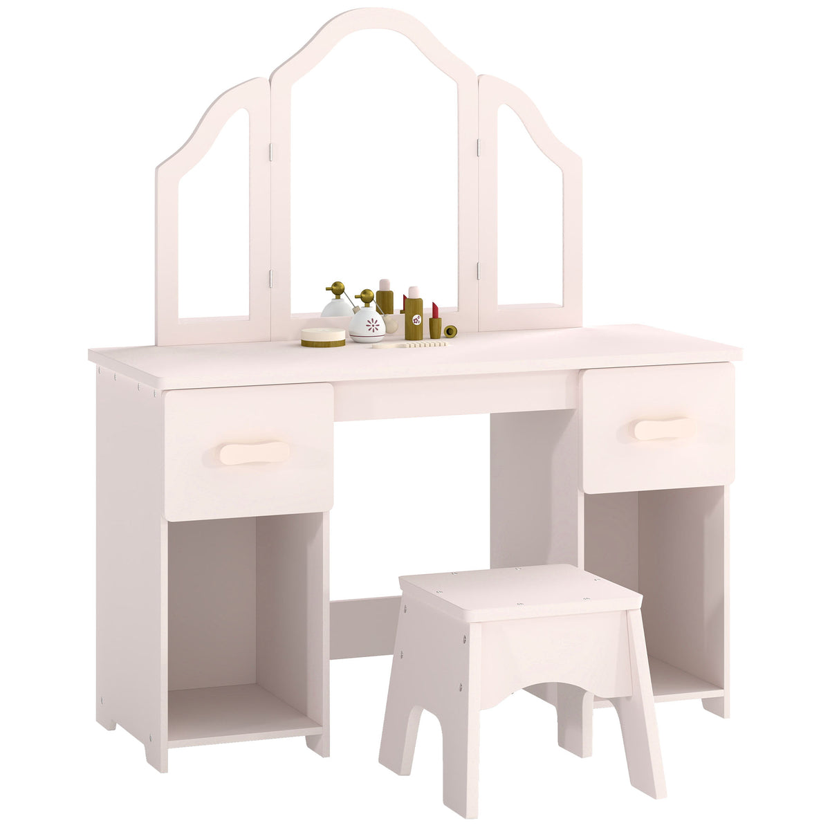 Coiffeuse pour Enfants avec Tabouret, Miroir à Trois Volets en Acrylique, 2 Tiroirs et 2 Placards, Rose