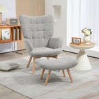Fauteuil avec repose pied, pieds en bois et tissu aspect velours, gris