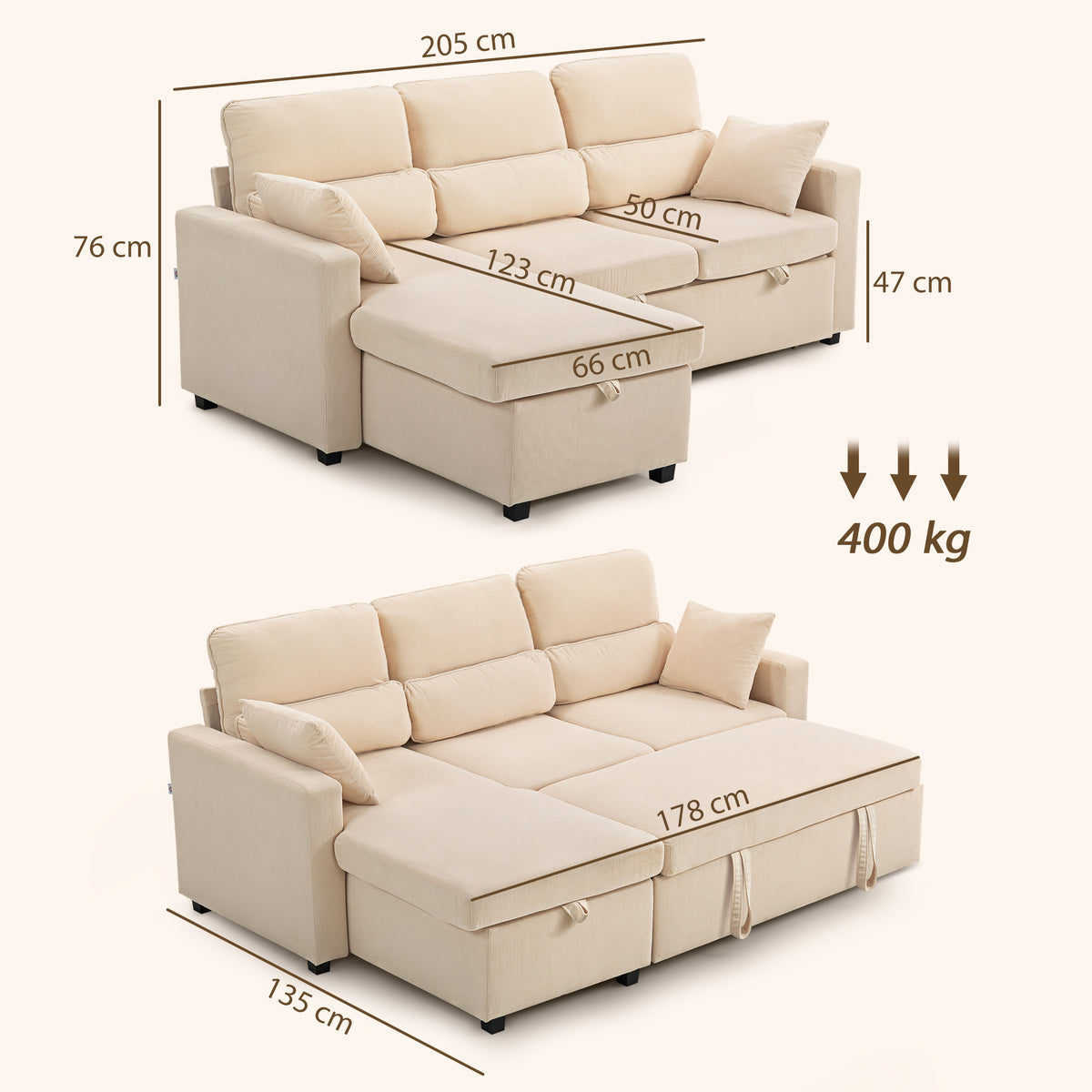 Canapé d'angle convertible en velours, canapé-lit 3 places, coussins, 205x135x76cm, beige