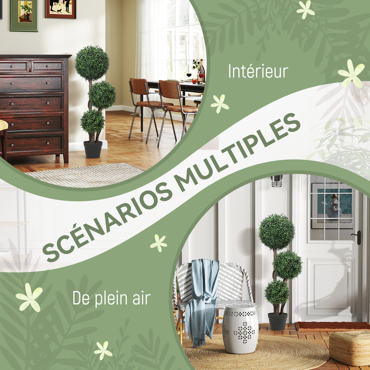 Plante Artificielle 100 cm, 3 Boules de Buis, Pot, Vert