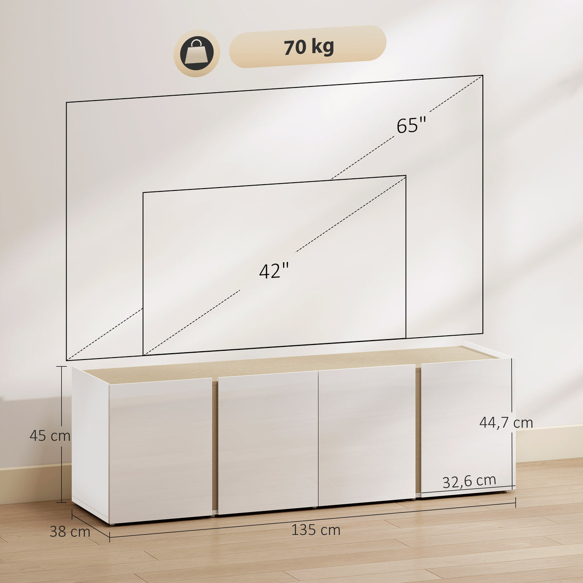 Meuble TV, 4 portes à fermeture amortie, étagère réglable et passe-câbles, 135 x 38 x 45 cm, blanc