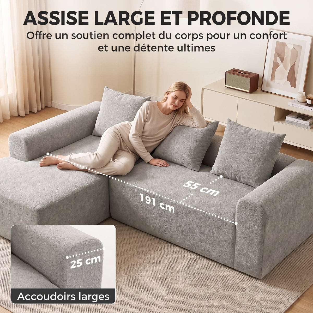 Canapé d'Angle, Canapé 3 Places en L 242 cm, Gris Clair