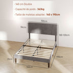 Cadre de lit double 140 x 190 cm, tête de lit réglable sommier 150 x 198 x 100/105/110/115/120 cm gris
