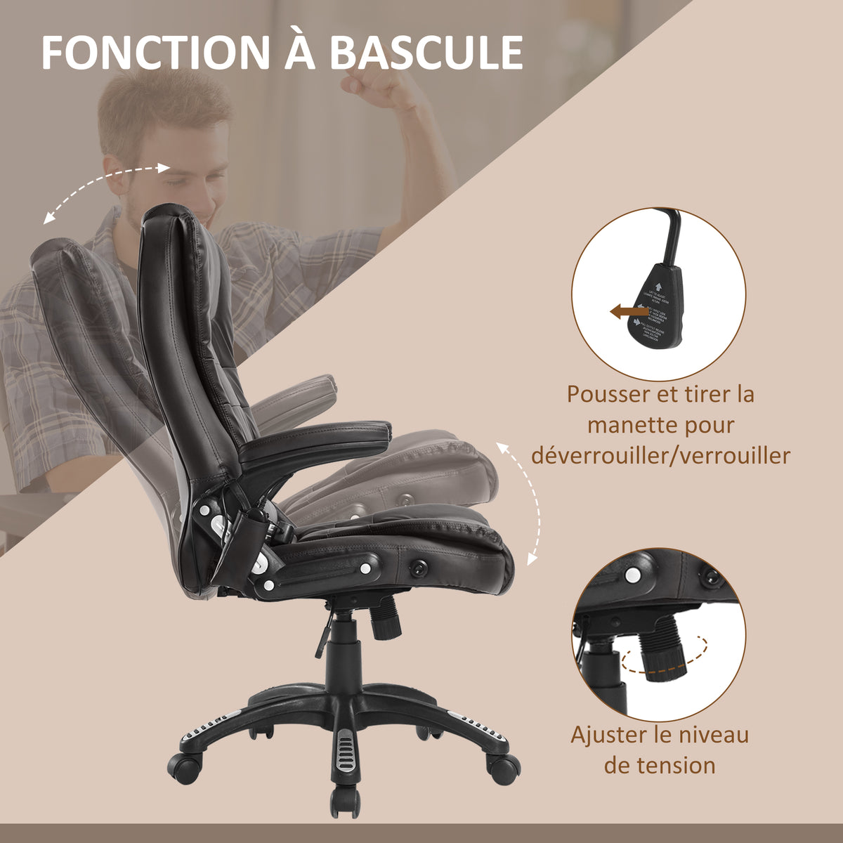 Fauteuil de bureau massant et chauffant électrique, noir