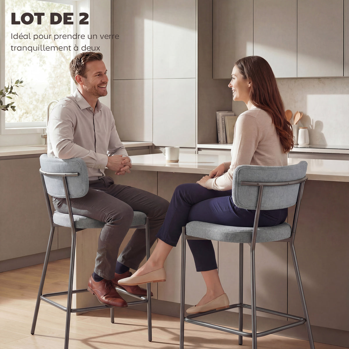 Lot de 2 tabourets de bar, repose-pieds, 49 x 53 x 93 cm, gris