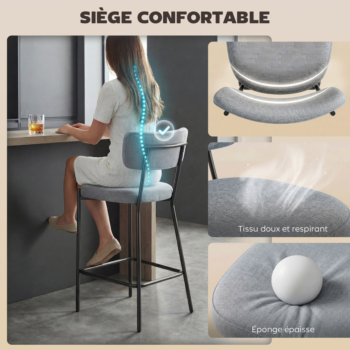 Lot de 2 tabourets de bar, repose-pieds, 49 x 53 x 93 cm, gris