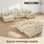 Canapé Modulaire en U Compressé 337 cm, 4 places en Velours Côtelé, Crème
