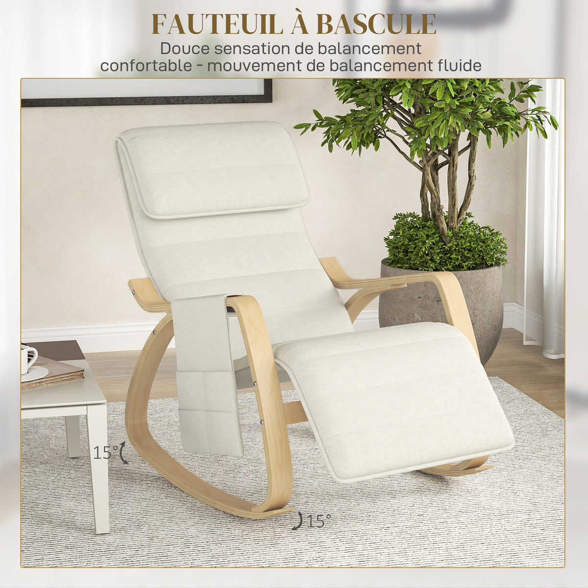 Fauteuil à bascule avec repose-pieds réglable, poche latérale, blanc crème