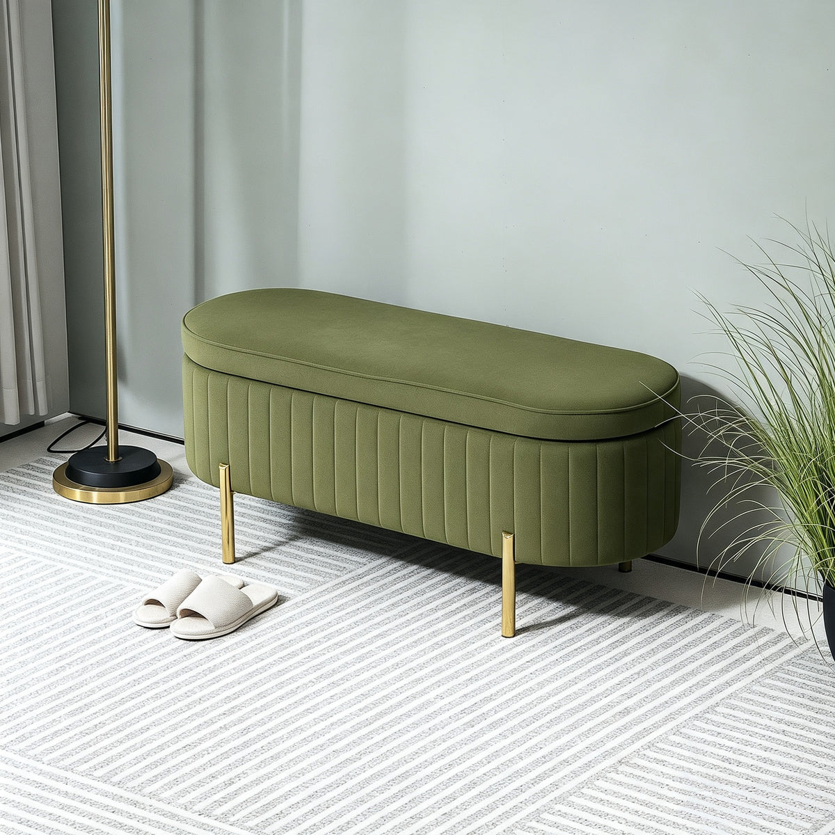 Banc de rangement, bout de lit en velours, pieds en métal, 72 L, 108x44x43,5cm, vert foncé