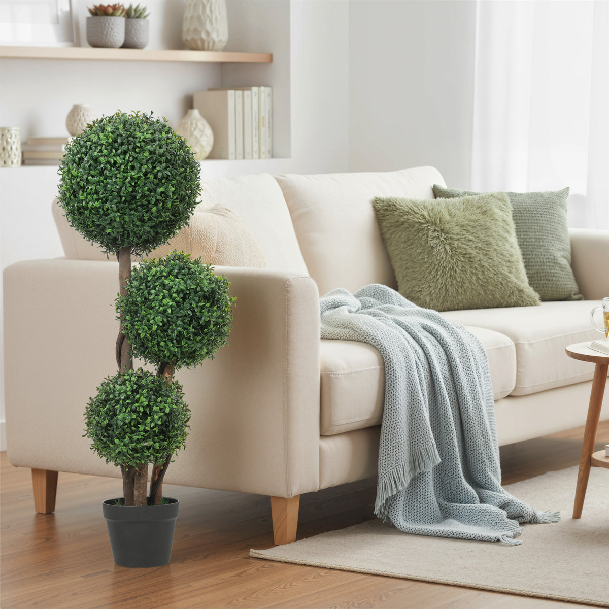 Plante Artificielle 100 cm, 3 Boules de Buis, Pot, Vert