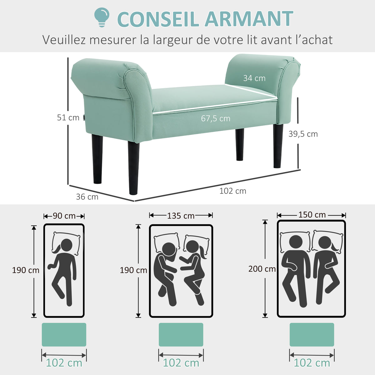 Banc Rembourré vert, 102 x 36 x 51 cm