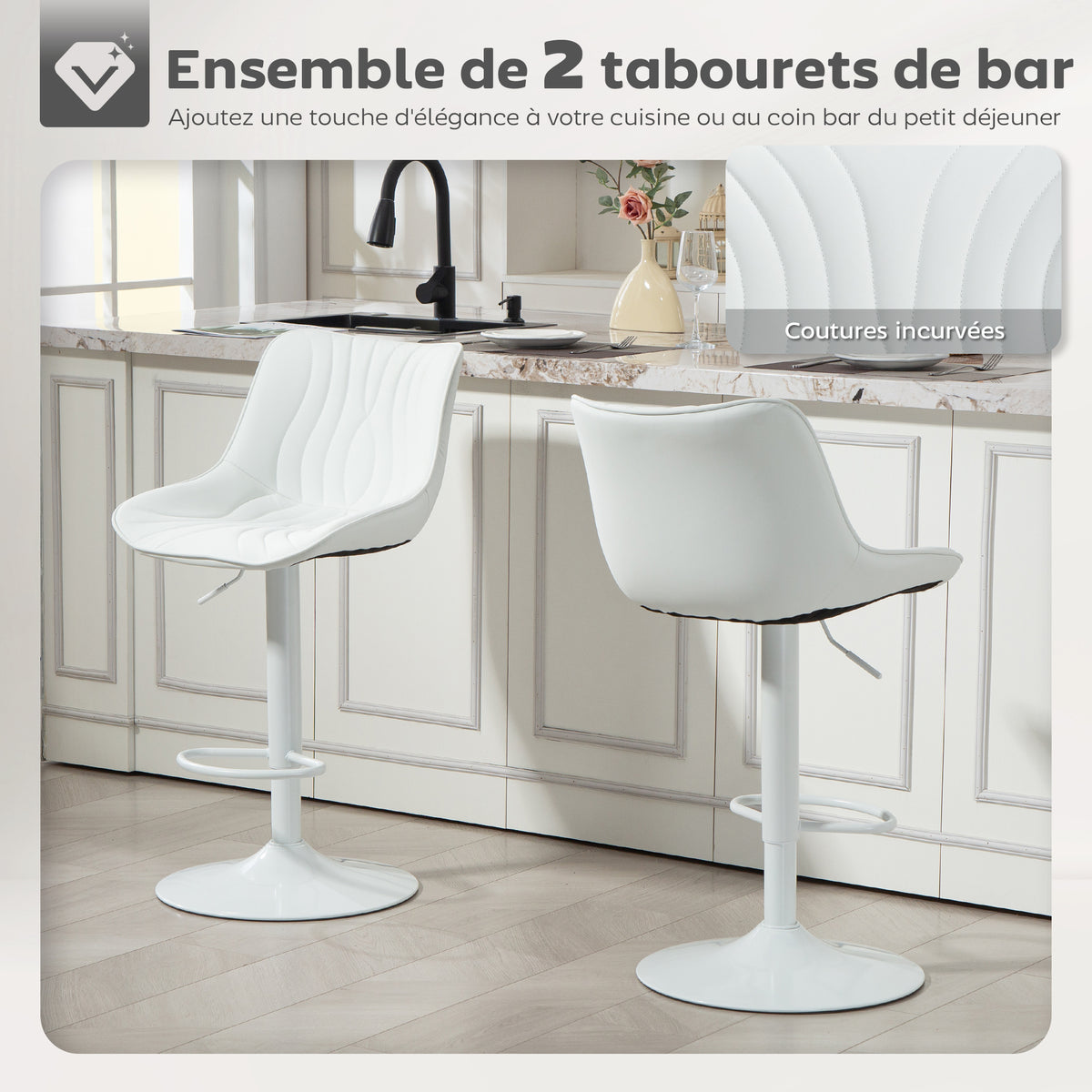 Lot de 2 tabourets de bar, repose-pieds blanc
