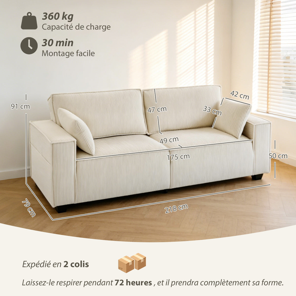 Canapé 3 places en velours 218 cm, coussins à ressorts, 2 coussins, beige