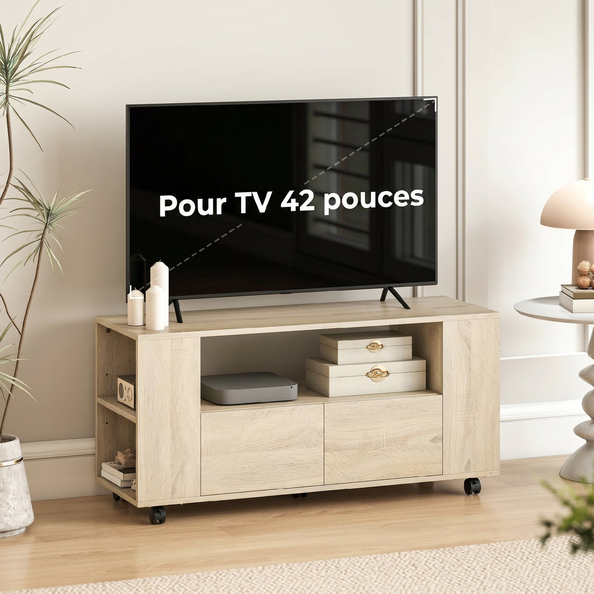 Meuble TV sur roulettes 102 cm, jusqu'à 42 pouces, 2 tiroirsjmπ0O0¨9OPN