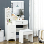 coiffeuse avec tabouret, grand miroir, étagères ouvertes, 4 tiroirs blanc