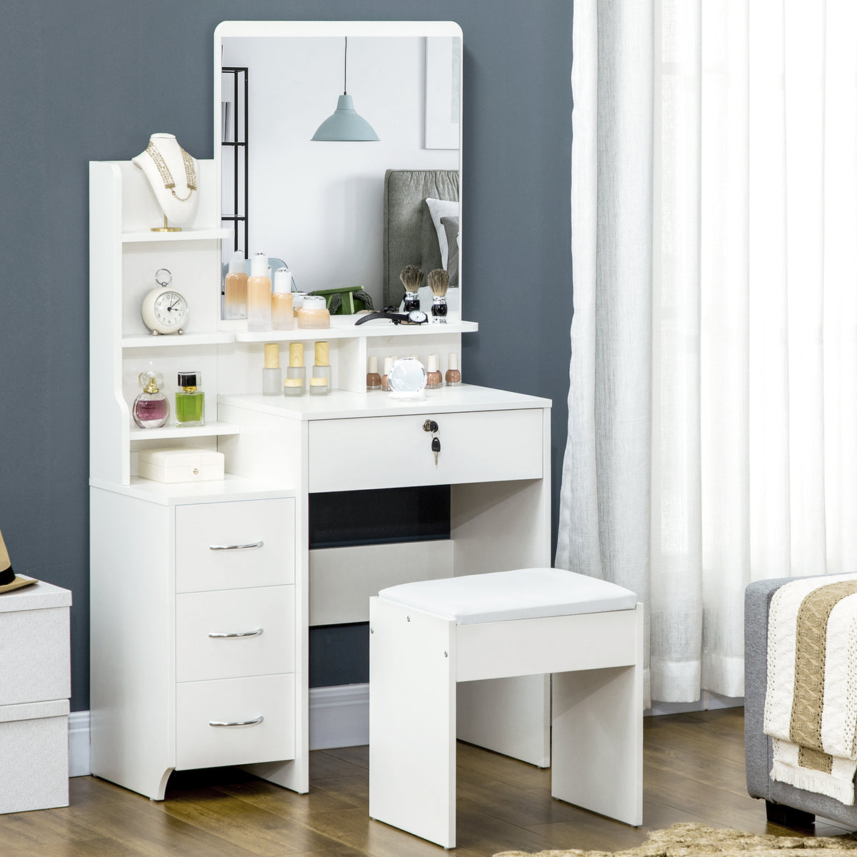 coiffeuse avec tabouret, grand miroir, étagères ouvertes, 4 tiroirs blanc