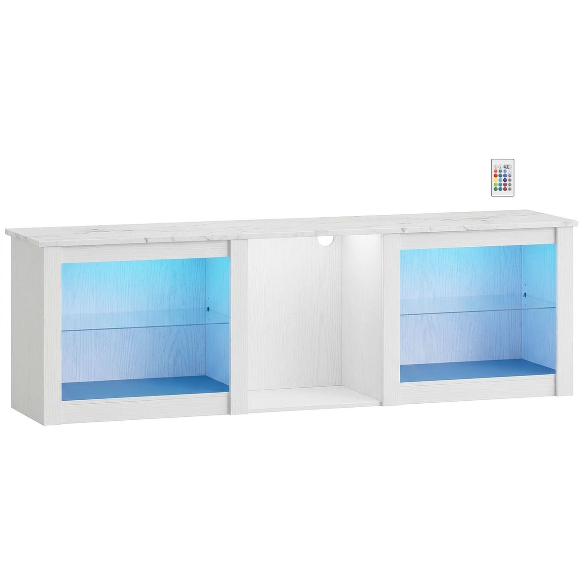 Meuble TV avec éclairage LED jusqu'à 70 pouces, 160cm avec étagères en verre réglables, blanc