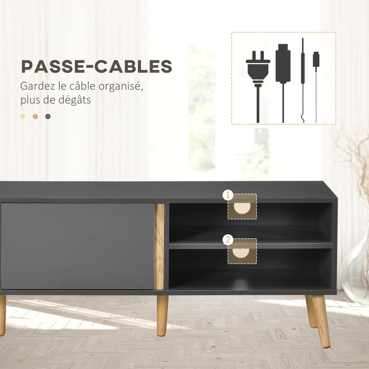 Meuble TV jusqu'à 55 pouces ,2 portes, 2 niches avec passe-câbles 150 x 35 x 45 cm gris foncé