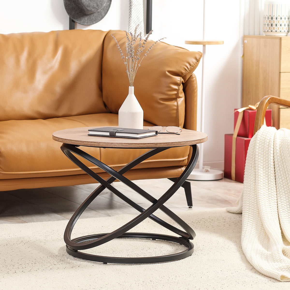 Table basse ronde en métal noir et plateau en bois - dim. Ø 60 x 46H cm